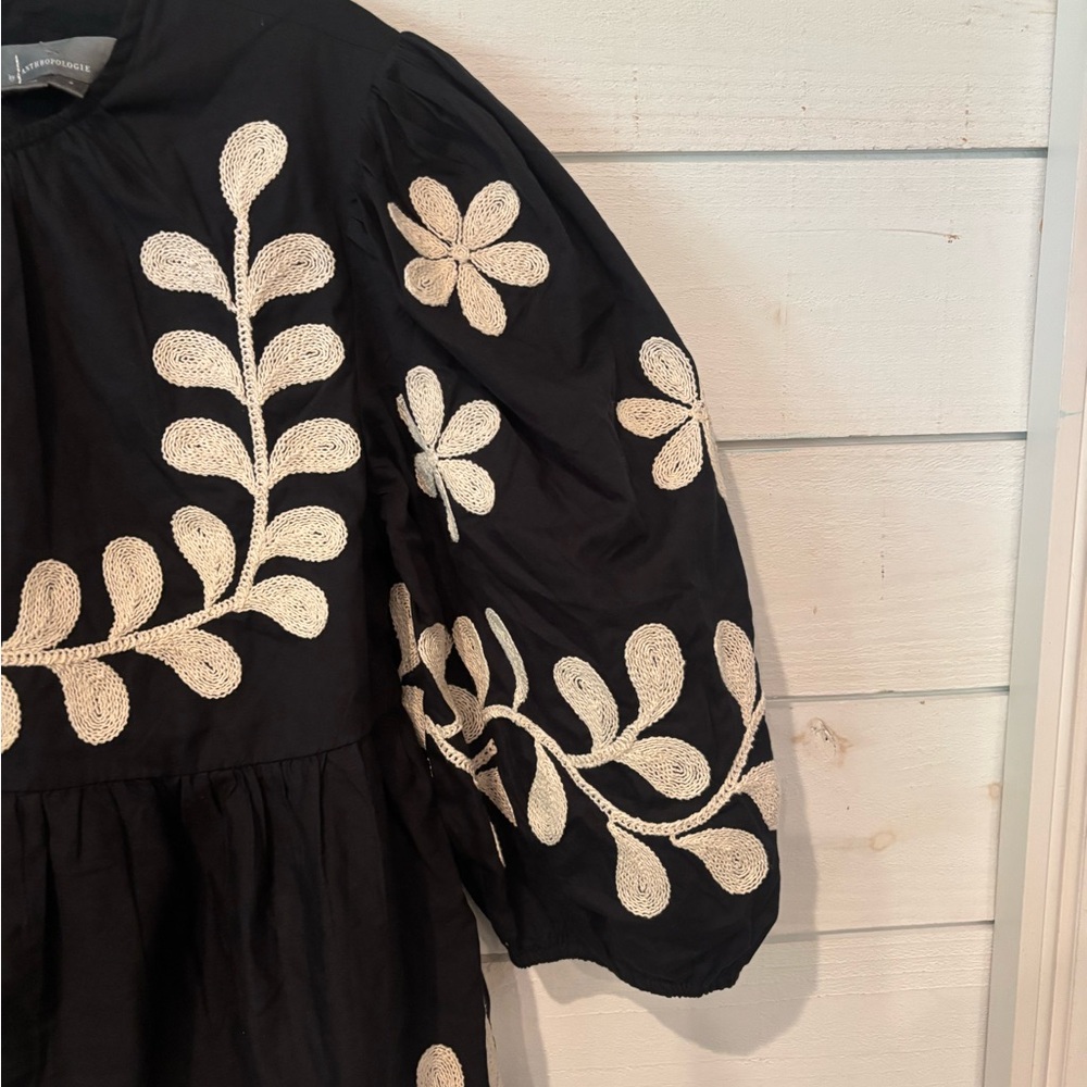 Anthropologie Black Peplum Blouse with Cream Floral Embroidery - Picture 4 of 13